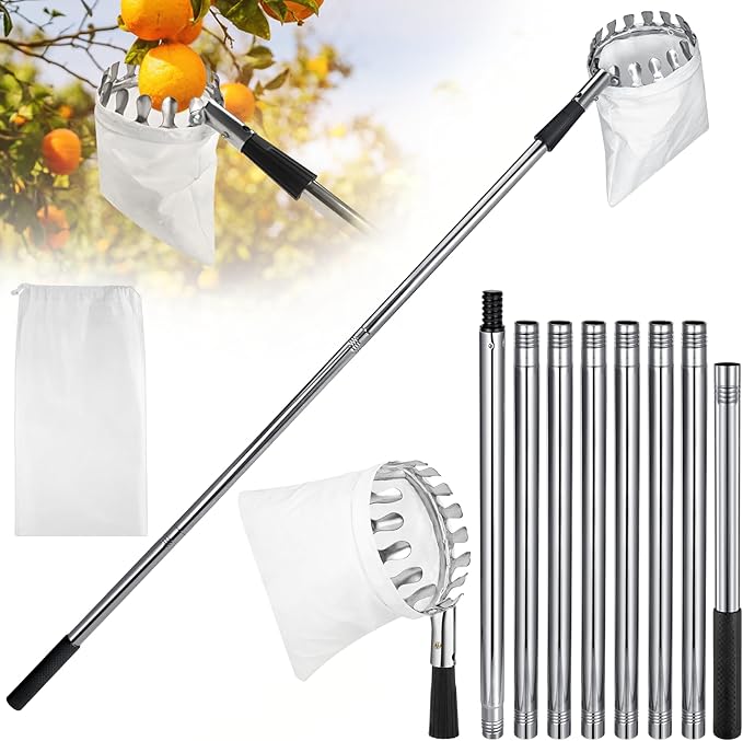 Fruit Picker Pole with Basket Telescoping, 11.5FT Adjustable Fruits Picker Tool with Lightweight