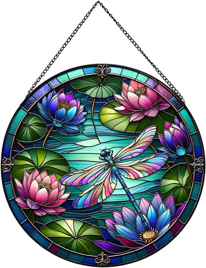 RIVEENY Dragonfly Stained Glass Window Hanging, Stained Glass for Windows,Dragonfly Sun Catcher