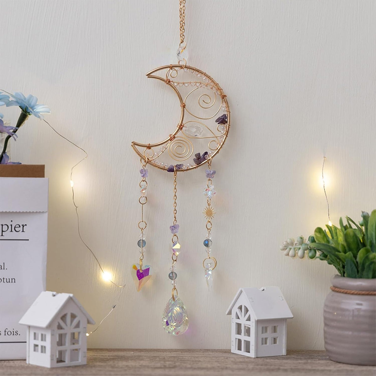 TUOKING Crystal Moon Suncatchers for Window Hanging Natural Healing Stones Wind Chimes Sun Catcher