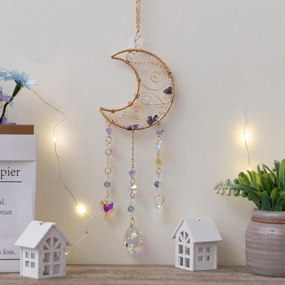 TUOKING Crystal Moon Suncatchers for Window Hanging Natural Healing Stones Wind Chimes Sun Catcher