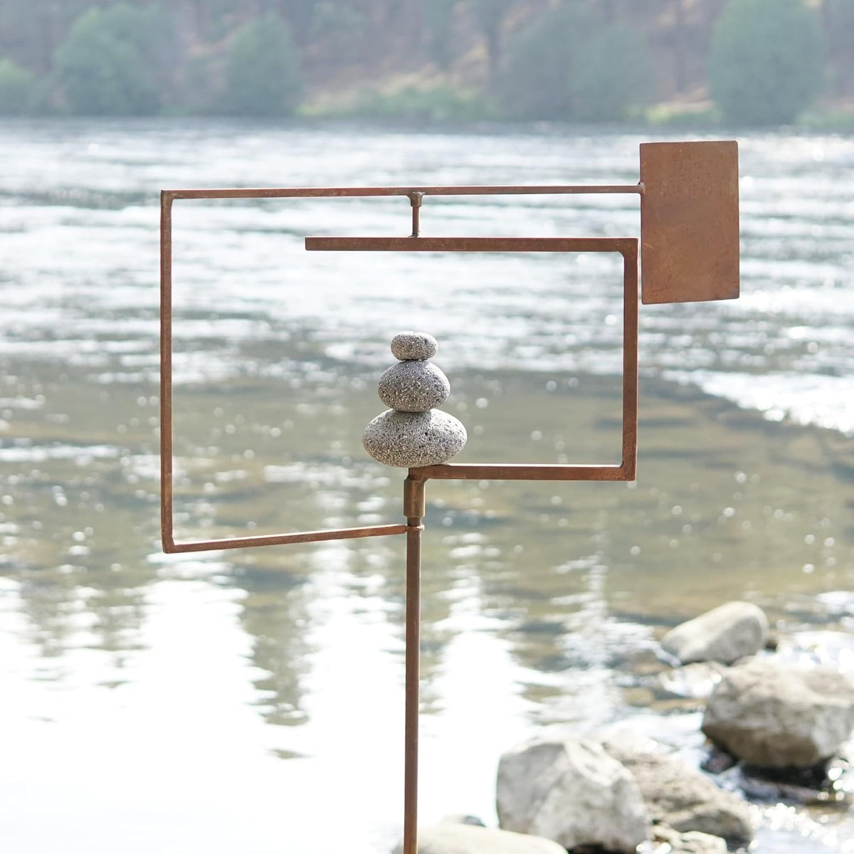 Aura Life Modern Zen Garden Spinner Kinetic Wind Sculpture with Rock Cairn & Stake - Relaxing