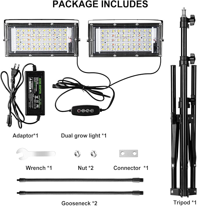 LBW Grow Light for Indoor Plants, Dual Heads Full Spectrum LED, Auto On/Off Timer, 6 Dimmable