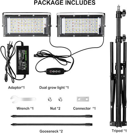 LBW Grow Light for Indoor Plants, Dual Heads Full Spectrum LED, Auto On/Off Timer, 6 Dimmable
