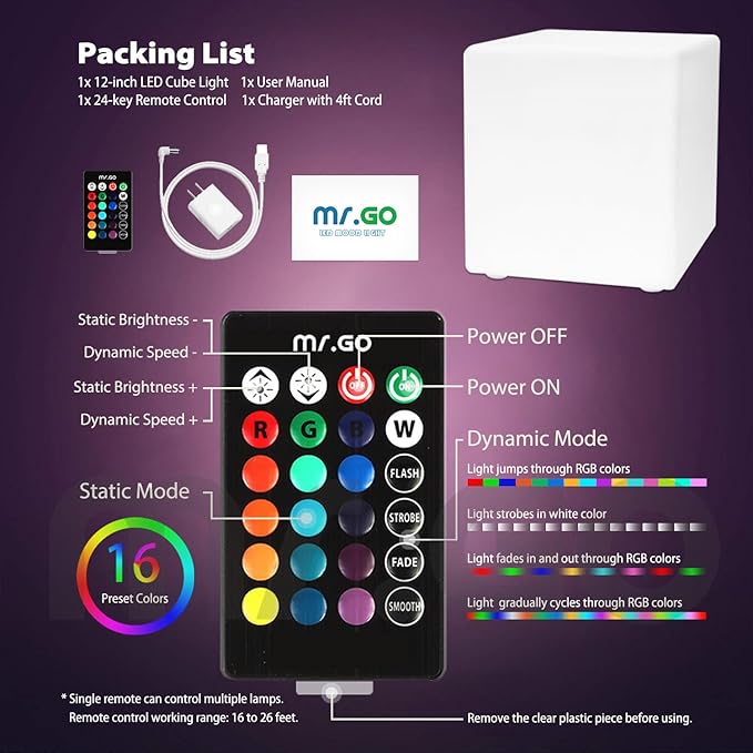 Mr.Go 12-inch Rechargeable Magic LED Light Cube Stool with Remote Control Fun Mood Lamp Soothing