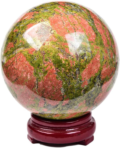 JIC Gem Large Real Crystal Ball with Decoation Stand Unakite Gemstone Sphere Ball for Meditation