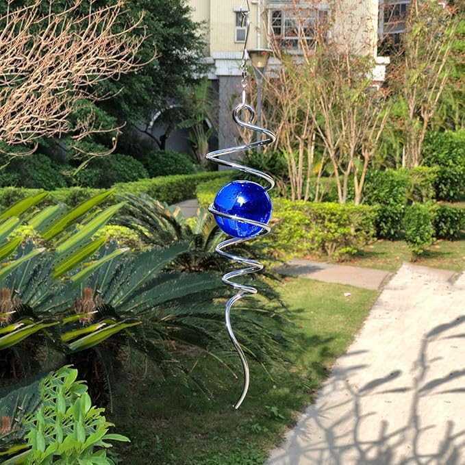 FONMY Gazing Ball Spiral Tail -Decorative Wind Spinner 11" inch Tail and 2" inch Blue Glass Orb.