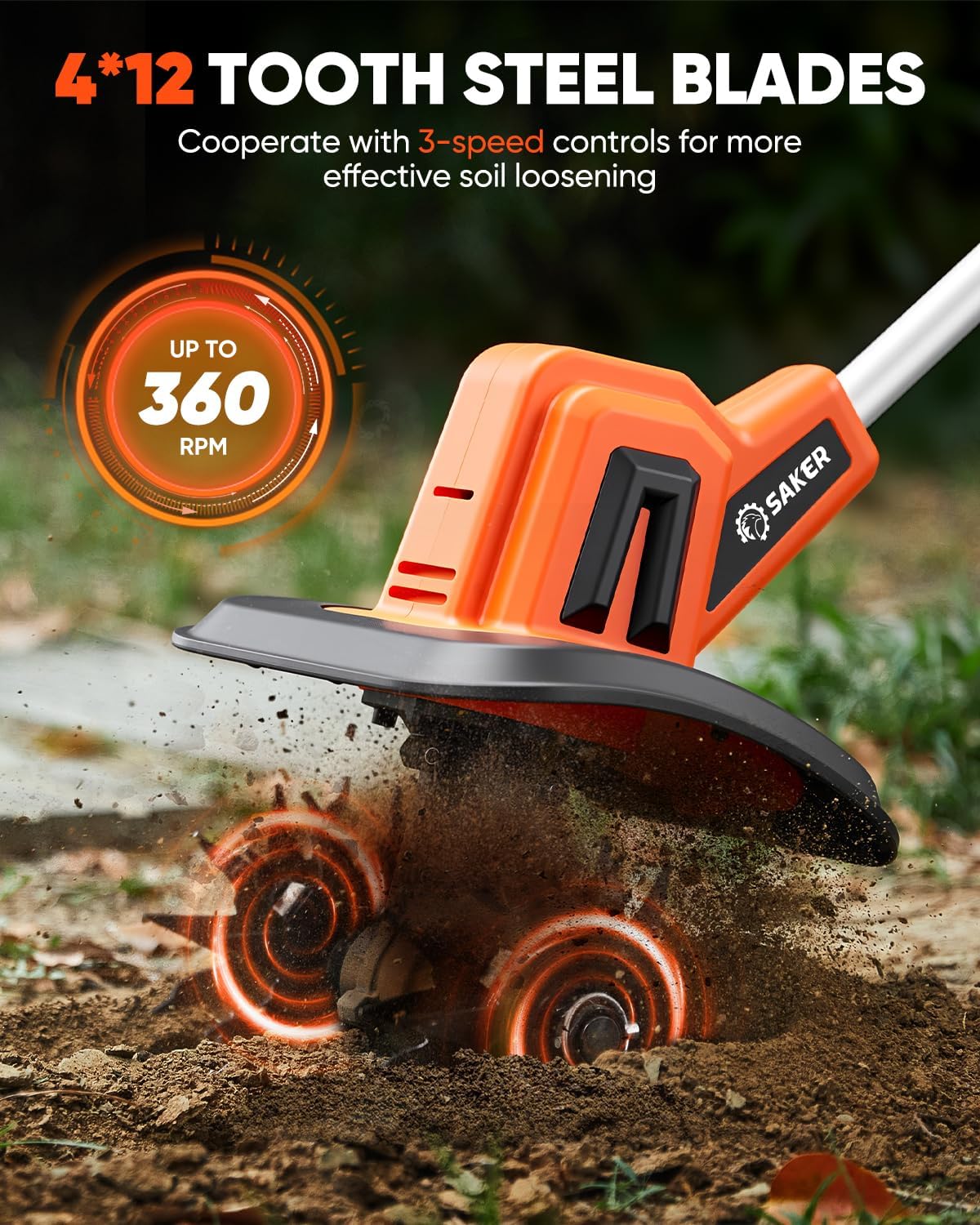 Saker 22V Cordless Electric Garden Tiller Cultivator, Rototiller for Gardening with 3 Adjustable
