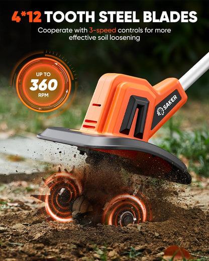 Saker 22V Cordless Electric Garden Tiller Cultivator, Rototiller for Gardening with 3 Adjustable