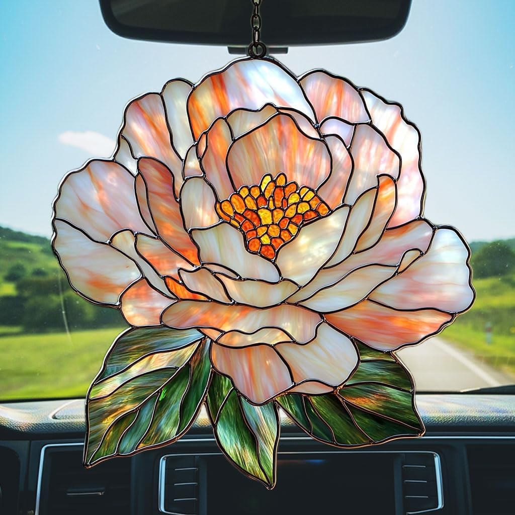 Pastel Pink Peony Acrylic Suncatcher Stained Glass Effect Window Car Hanging Christmas Ornament
