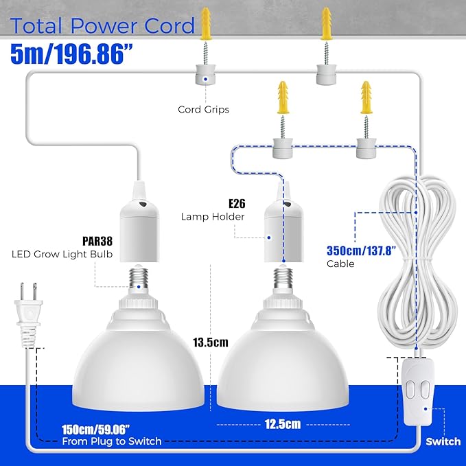 Barrina LED Grow Light Bulb, 50W (2 x 25W) Full Spectrum, with 16.4FT Power Cord, Hanging Grow