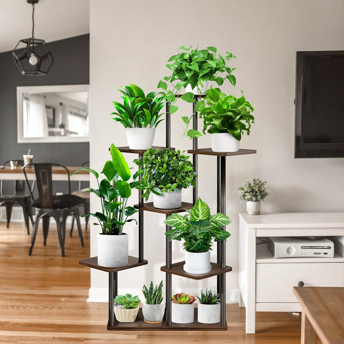 7 Tier Wood Tall Plant Stand Metal Rack Indoor, Multiple Flower Pot Holder Shelves Corner Rack