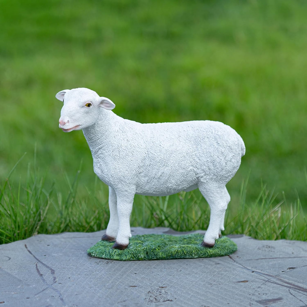 White Standing Lamb Garden Statue, Decorative Resin Sheep Figurine on Grass Base, Farmhouse Animal