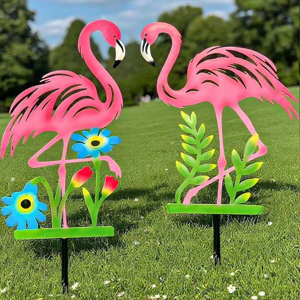 2 Pack Pink Flamingo Garden Statue - 20.5 inch Hand Flamingo Painted Metal Patio Art, Outdoor