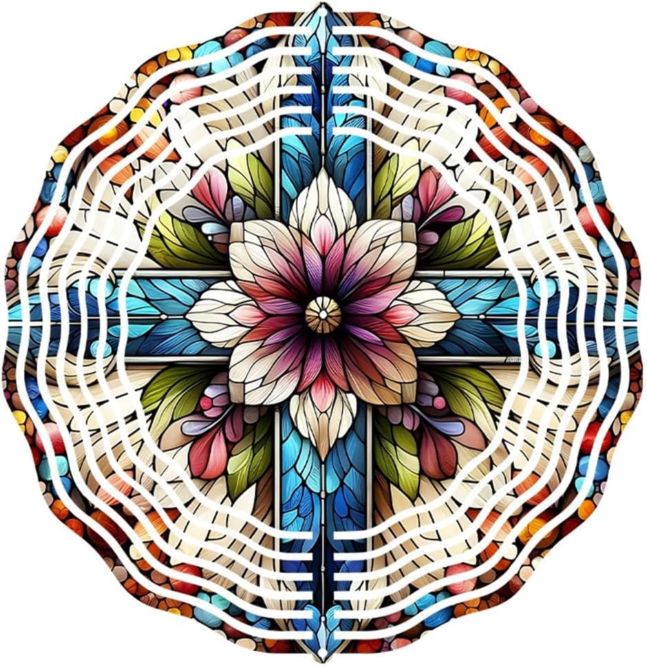 Cross Wind Spinner, Metal Wind Spinners Outdoor/Indoor, Cross Flower Hanging Garden Decor for