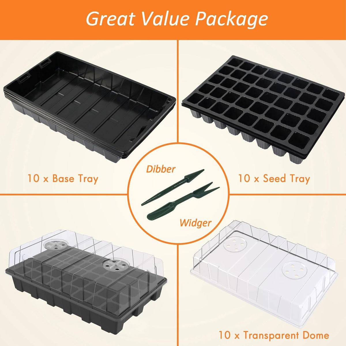 Gardzen 10-Set Garden Propagator Set, Seed Tray Kits with 400-Cell, Seed Starter Tray with Dome and