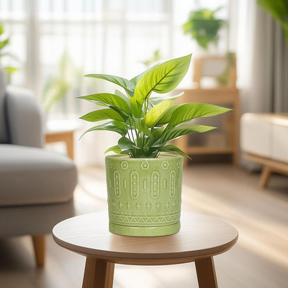 Ceramic Pot for Plants - 6 Inch Indoor Planter with Drainage Hole and Saucer, Round Decorative