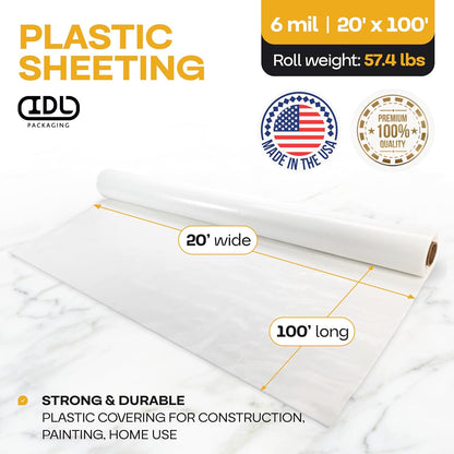Plastic Sheeting 6 mil, 20' x 100' (2000 sq. ft.) - Semi-Clear Thick Plastic Covering for