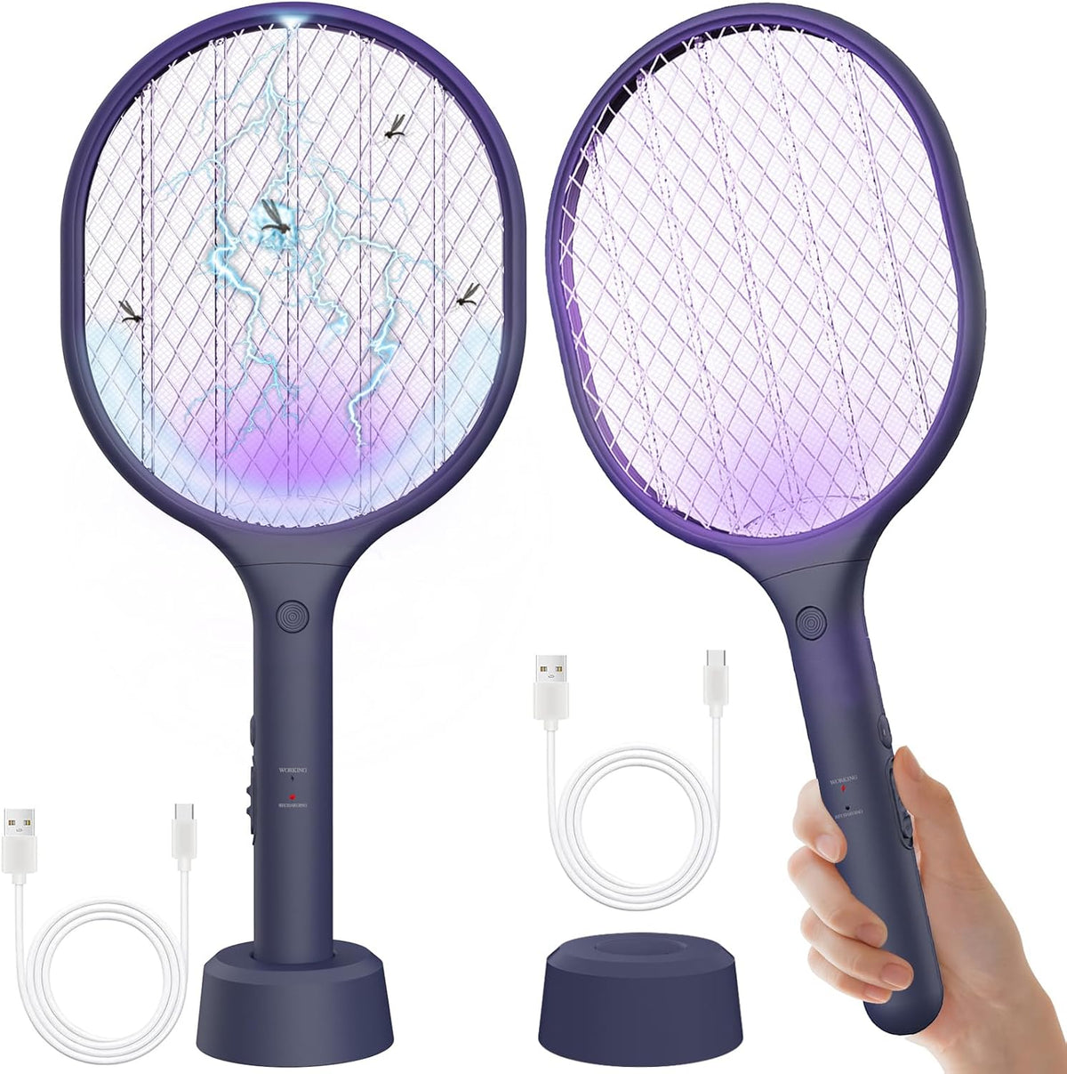 Electric Fly Swatter 2 Pack, 3000V Bug Zapper Racket Fly Zapper with 1500mAh Rechargeable Battery