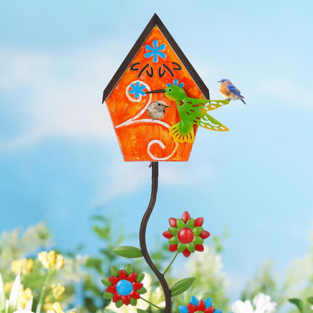 51” Bird Houses Stake for Outside, Metal Wild Bird Feeder Birdhouse Stake Pole with Hummingbird
