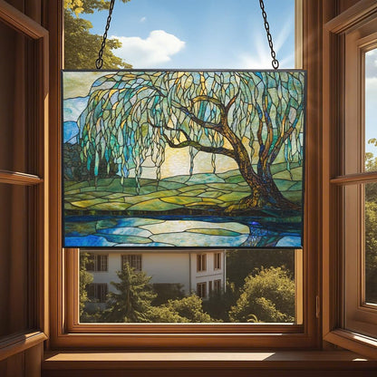 Customized Rectangle Art Nouveau Willow Pond Tree Stained Glass Window Hanging Sun Catcher