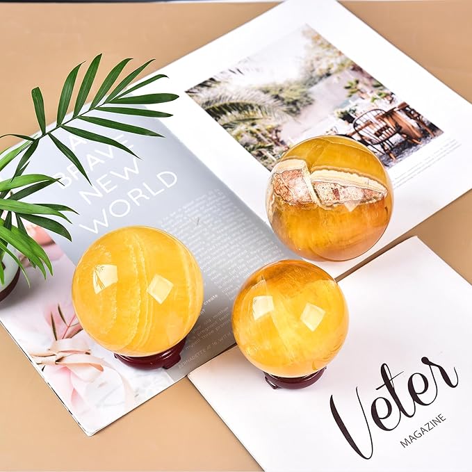 JIC Gem Large Yellow Fluorite Crystal Sphere with Stand Gemstone Decorative Ball for Home Decor