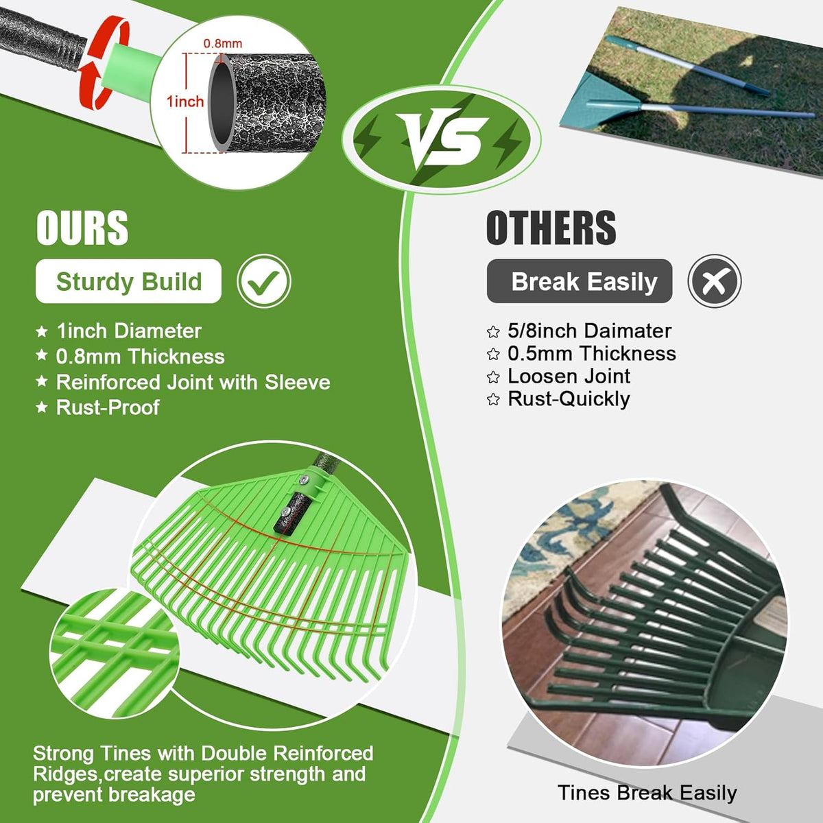 Plastic Rake for Leaves - Upgraded Anti-Break Nylon Head,75" Adjustable Leaf Rake,Gentle on
