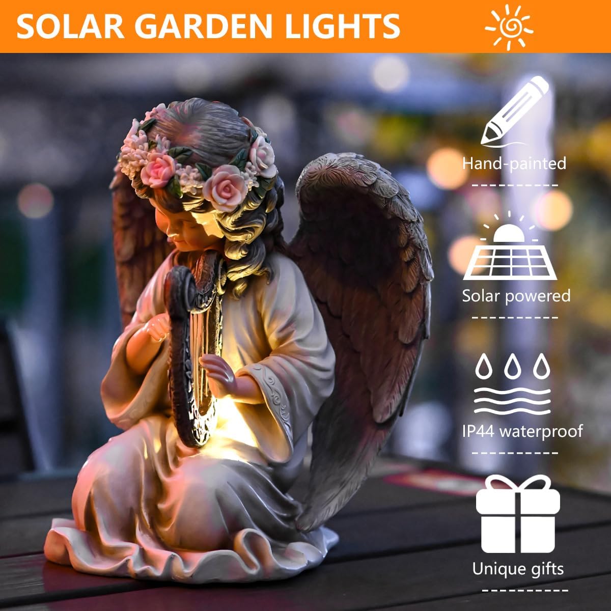 Solar Garden Outdoor Statues Lights, Resin Angel Figurine Light for Patio, Balcony, Yard, Lawn
