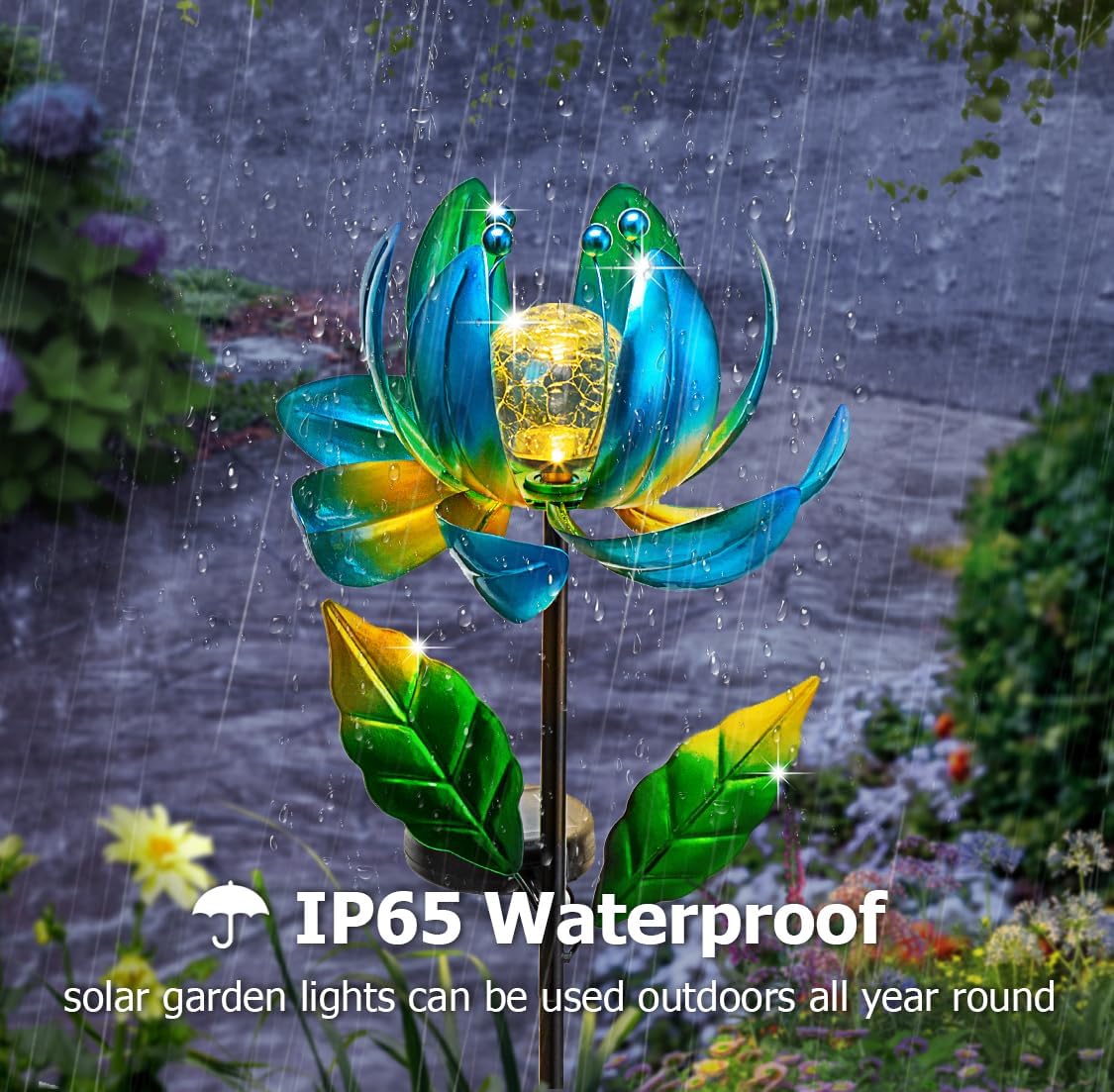 Solar Yard Lights Wind Spinners- Metal Lotus Flower Garden Decor LED Crackle Glass Globe Yard Art