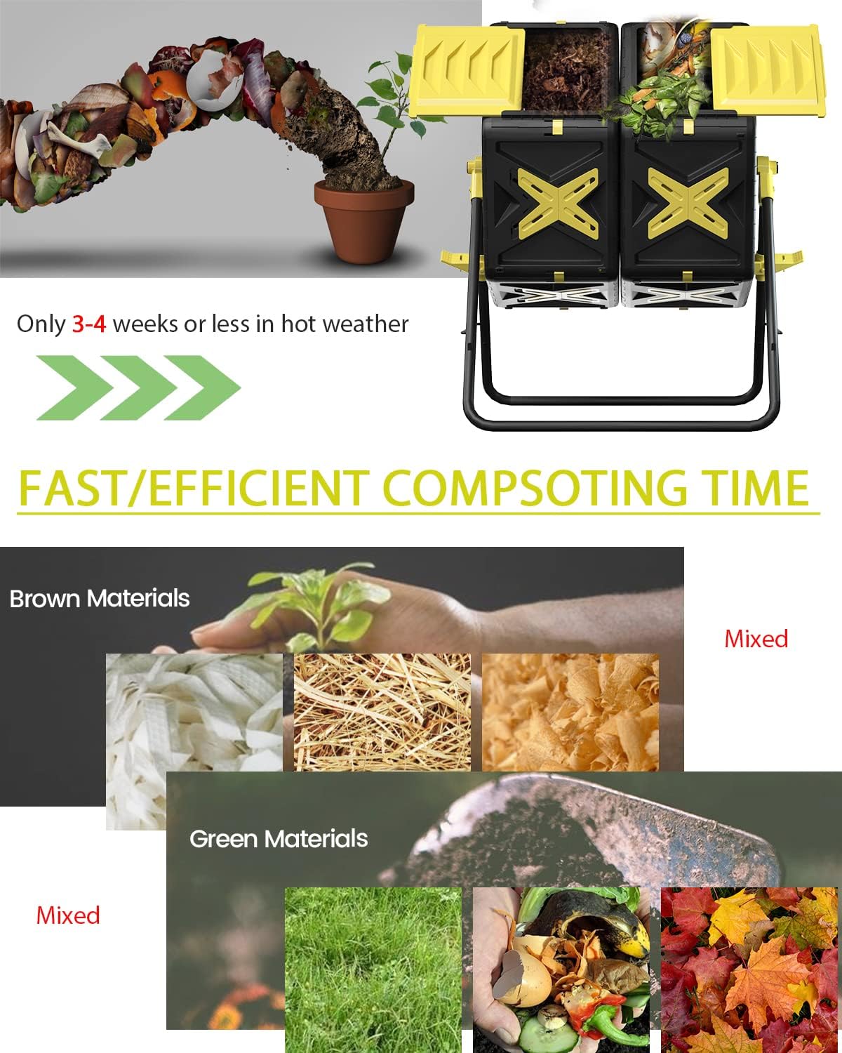 Compost Bin Outdoor - 2 X 18.5 Gal Dual Chamber Compost Tumbler,BPA Free Outdoor Rotating Composter
