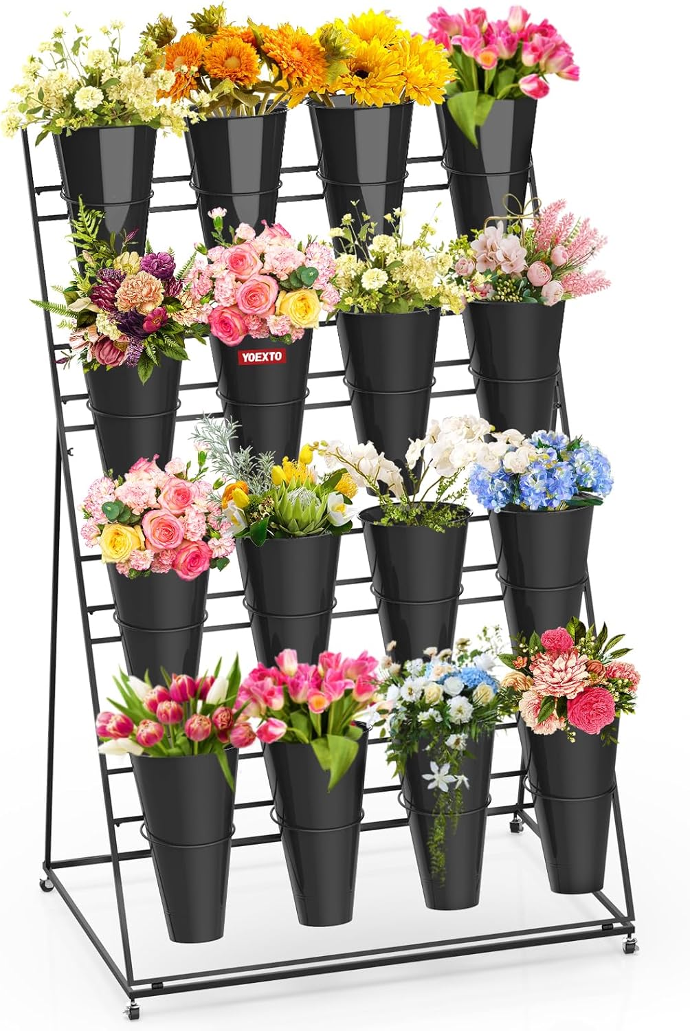 Flower Display Stand 4 Layers with 16 PCS Round Buckets, Plant Stand with Wheels, Movable Metal