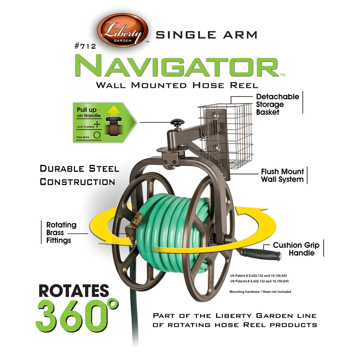 Liberty GARDEN 712 Single Arm Navigator Multi-Directional Garden Hose Reel, Holds 125-Feet of