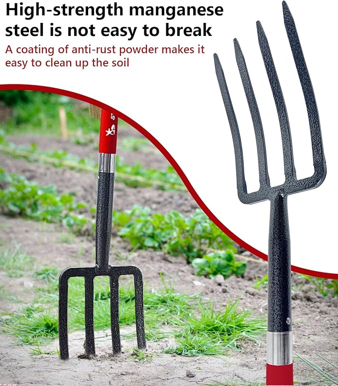 Digging Spading Fork Forged Steel with D Grip Handle 41??Premium 4-Tine Spading Digging Fork Sturdy