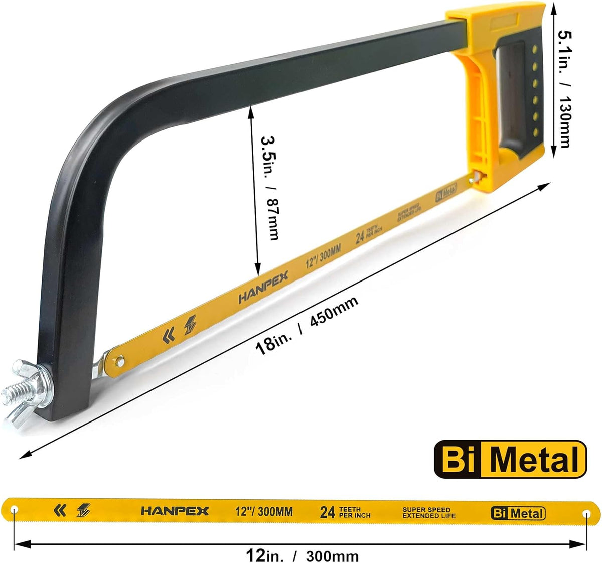 12inch High-Tension Hacksaw Frame with 24 TPI Bi-metal Blade, Hand Saw Suitable for Metal, wood
