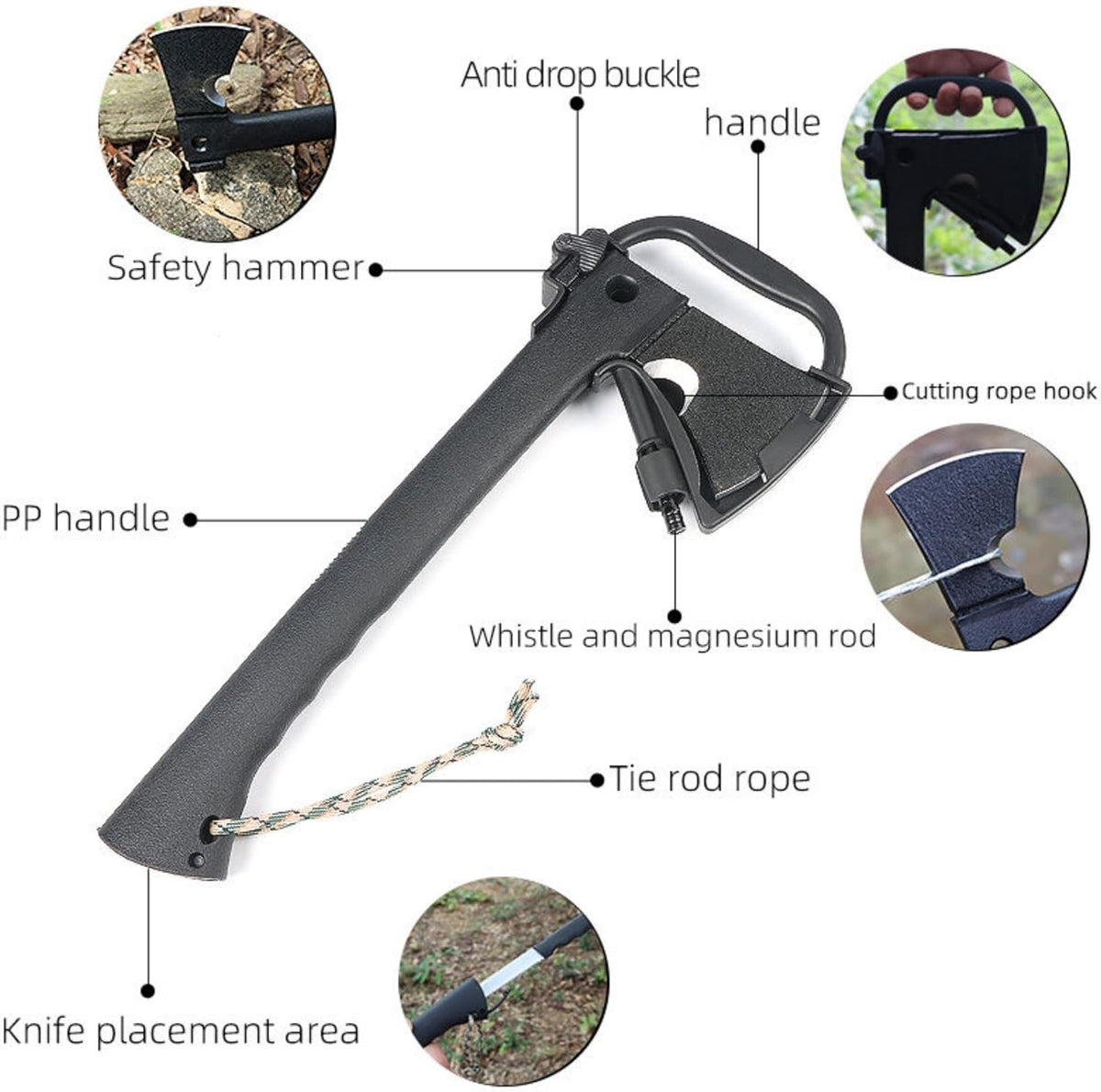Camping Axe, Survival Hatchet, 4 in 1 Full Tang Tactical Axe with Durable Steel Head & Non-Slip