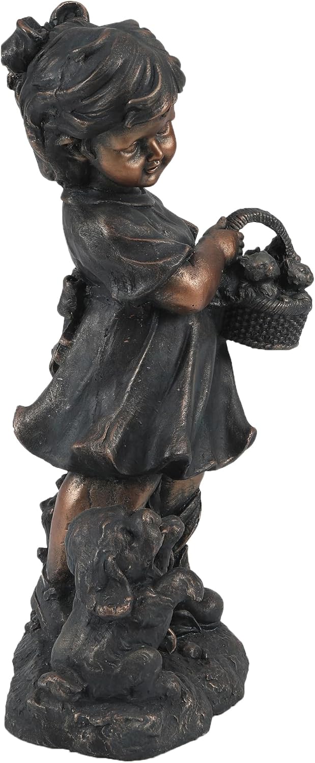 LuxenHome Garden Decor Statue,23" Fiber Stone Girl and Puppy Outdoor Statue, Bronze Garden
