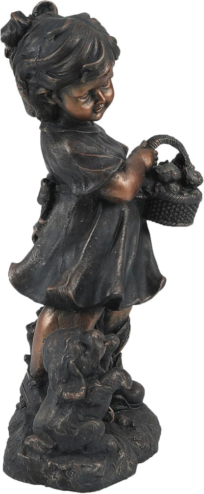 LuxenHome Garden Decor Statue,23" Fiber Stone Girl and Puppy Outdoor Statue, Bronze Garden