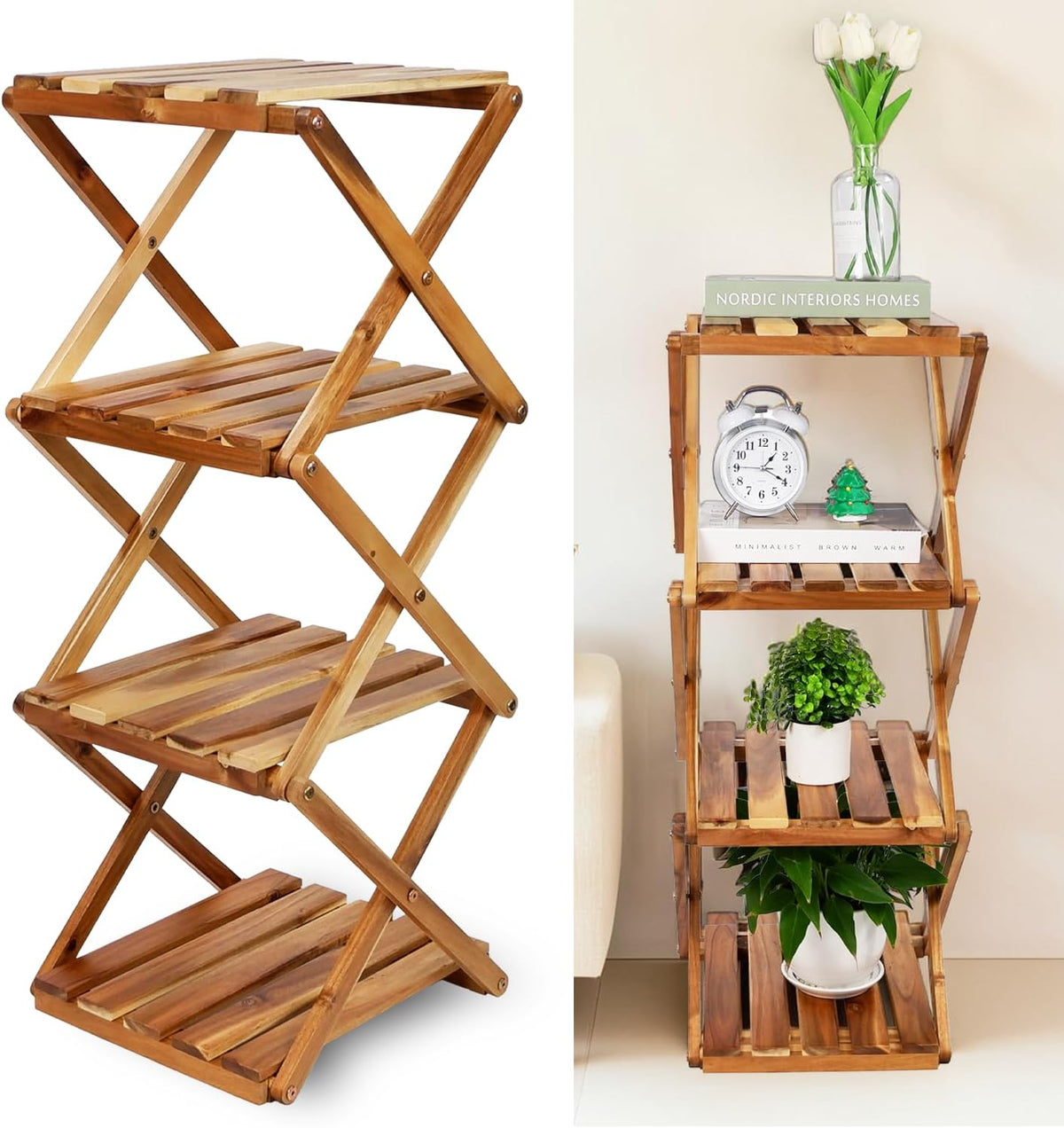 BEEFURNI Acacia Plant Stand Indoor Corner, Wooden Outdoor 4 Tier Corner Planter Stand, Foldable