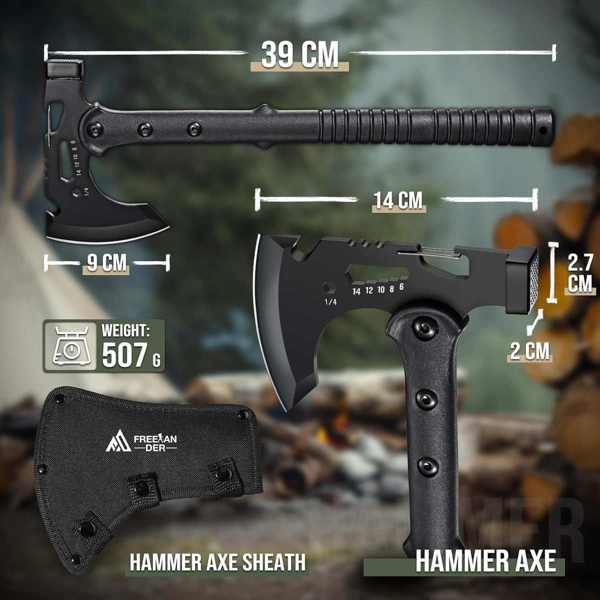 Freelander Camping Axe with Sheath, Sharp Tactical Hatchet Axe with Clip and Bottle Opener