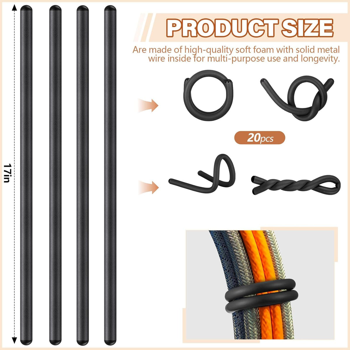 20 Pcs 17 Inch EVA Foam Twist Rubber Ties Reusable Bendable Cable Tie Straps Flexible Heavy Duty
