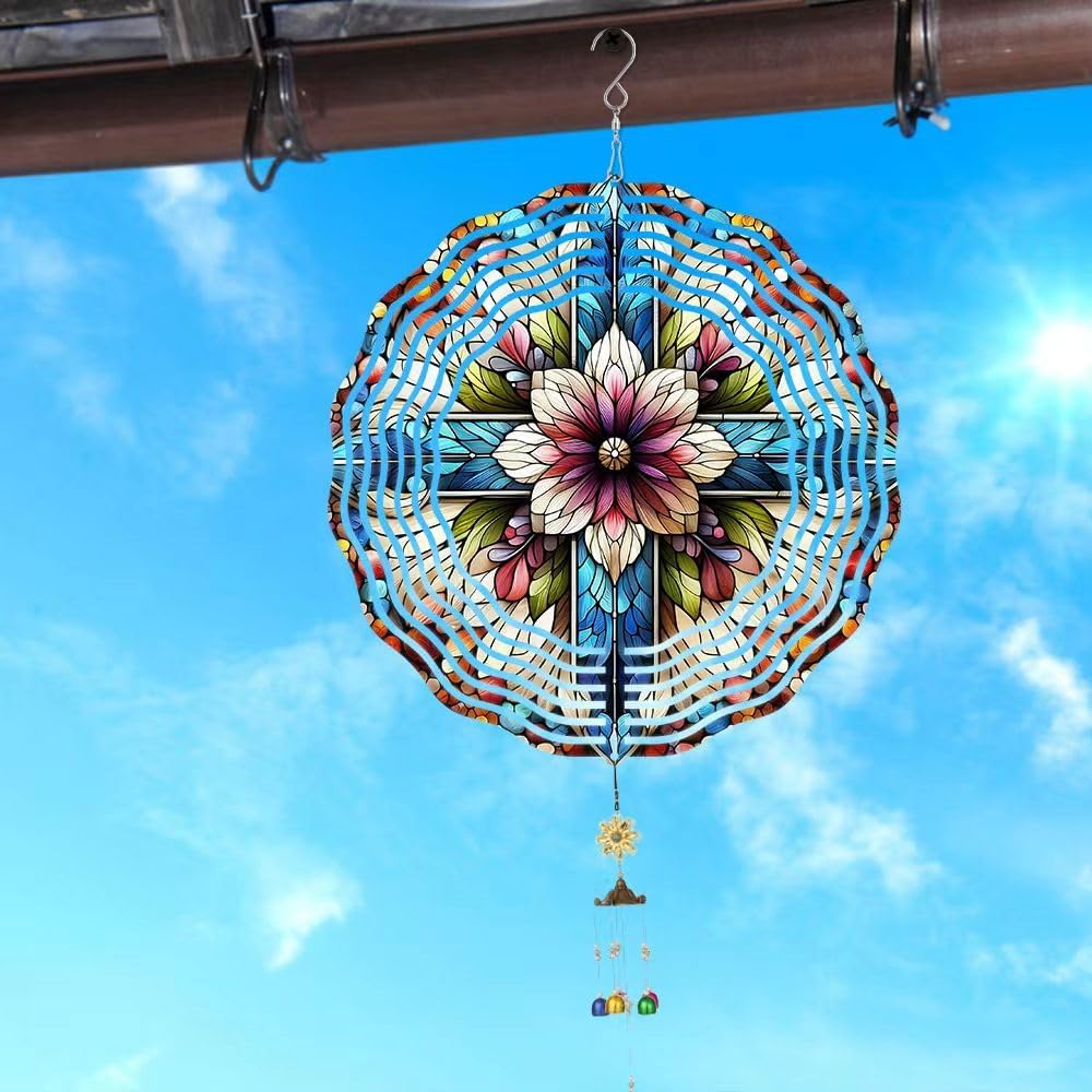 Cross Wind Spinner, Metal Wind Spinners Outdoor/Indoor, Cross Flower Hanging Garden Decor for