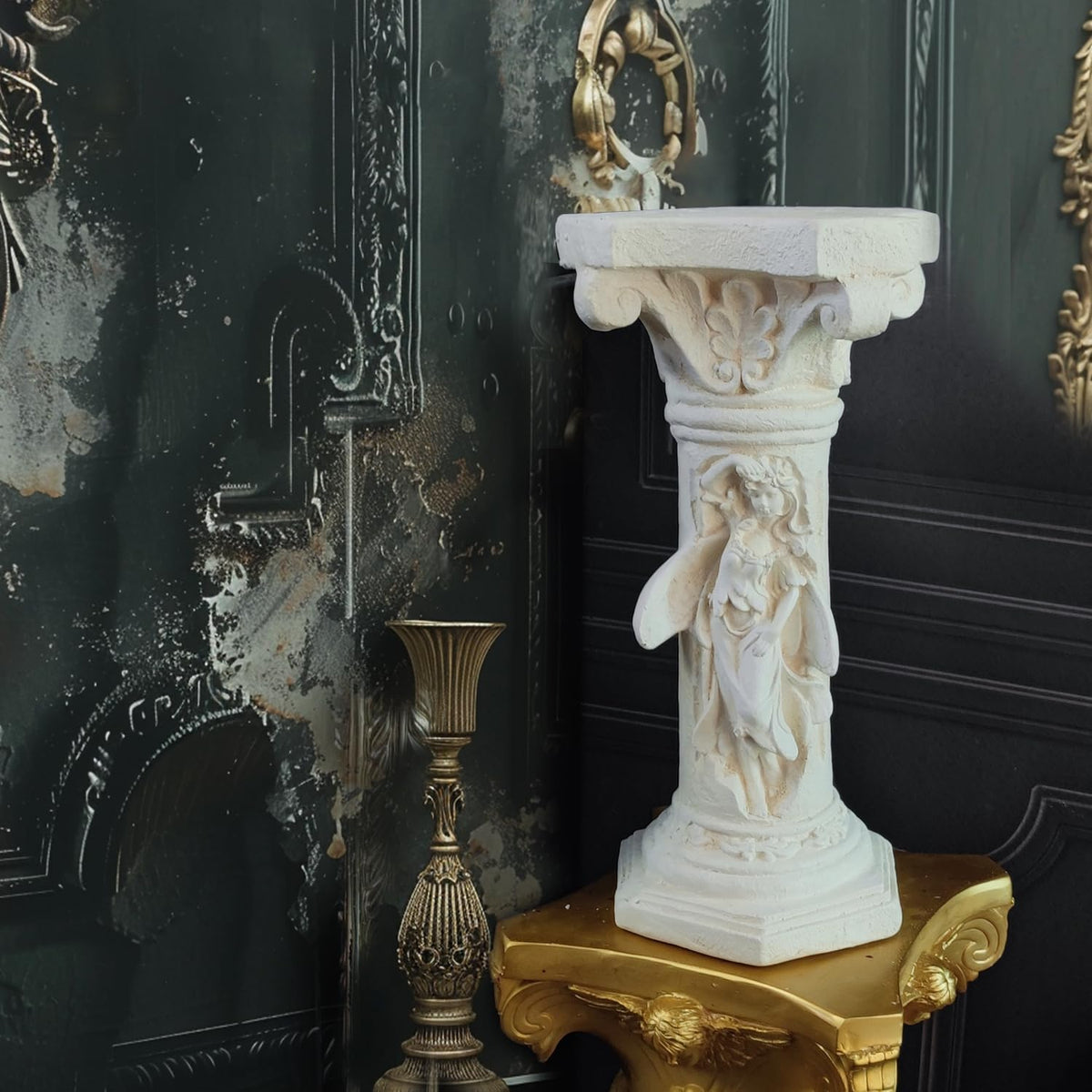 Vintage Weathered 21.3’’H Winged Angel Roman Column Statue Oxidized Magnesium Pedestal Base for