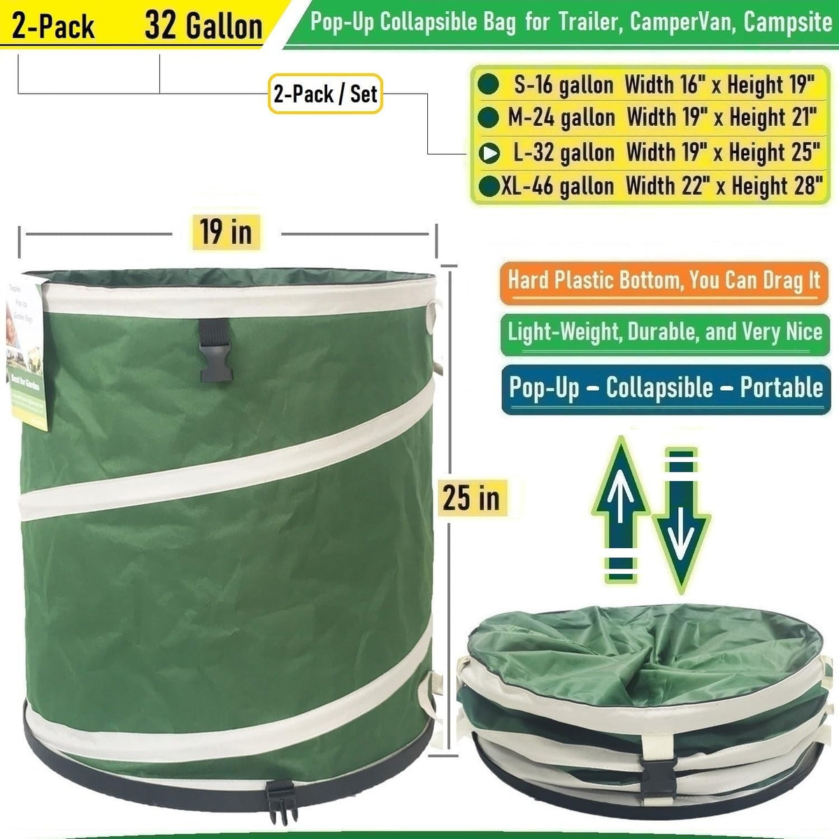 2-Pack 32 Gallon Collapsible Trash Can (19x25 in) Solid Bottom for Yard Waste Bag,Yard Debris