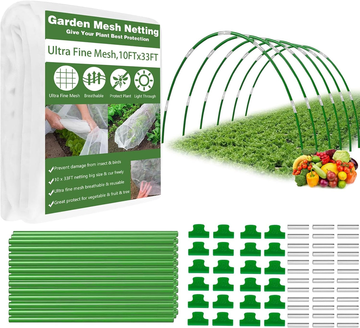 Garden Mesh Netting Kit, 10x33FT Ultra Fine Mesh Netting with 6 Sets Fiberglass Garden Hoops & 24