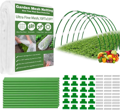 Garden Mesh Netting Kit, 10x33FT Ultra Fine Mesh Netting with 6 Sets Fiberglass Garden Hoops & 24