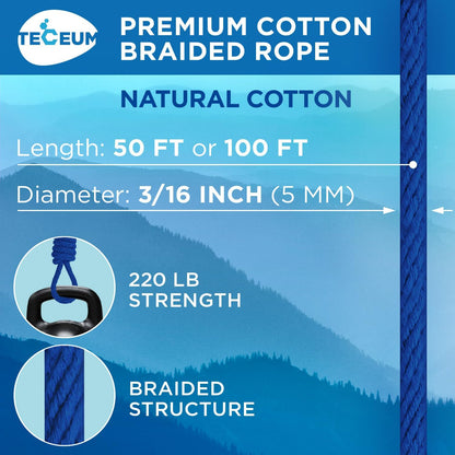 TECEUM Cotton Rope 3/16” (5 mm) – 100 FT – Strong All-Purpose Braided Rope – Natural Cotton – for