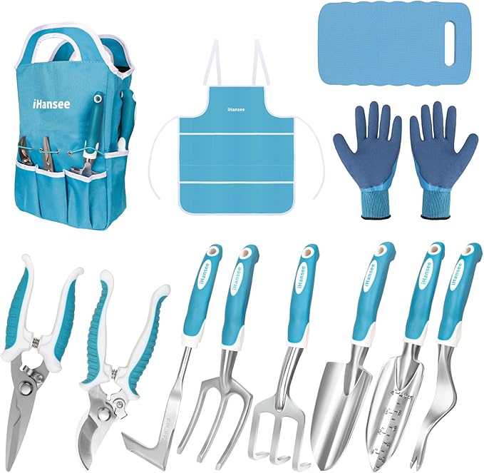 Blue Garden Tool Sets 12-Piece, Aluminum Gardening Hand Tools w/Ergonomic Handle, Garden Supplies