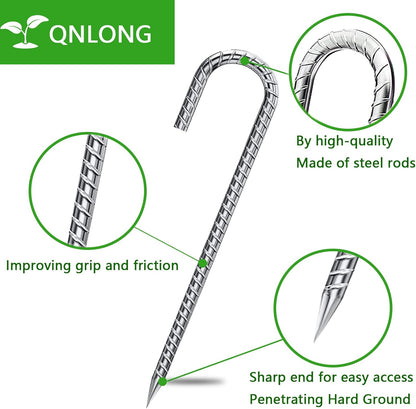 Rebar Stakes 12 Inch, Tent Stakes Heavy Duty Galvanized J Shaped 50 Pack Landscape Fabric Staples