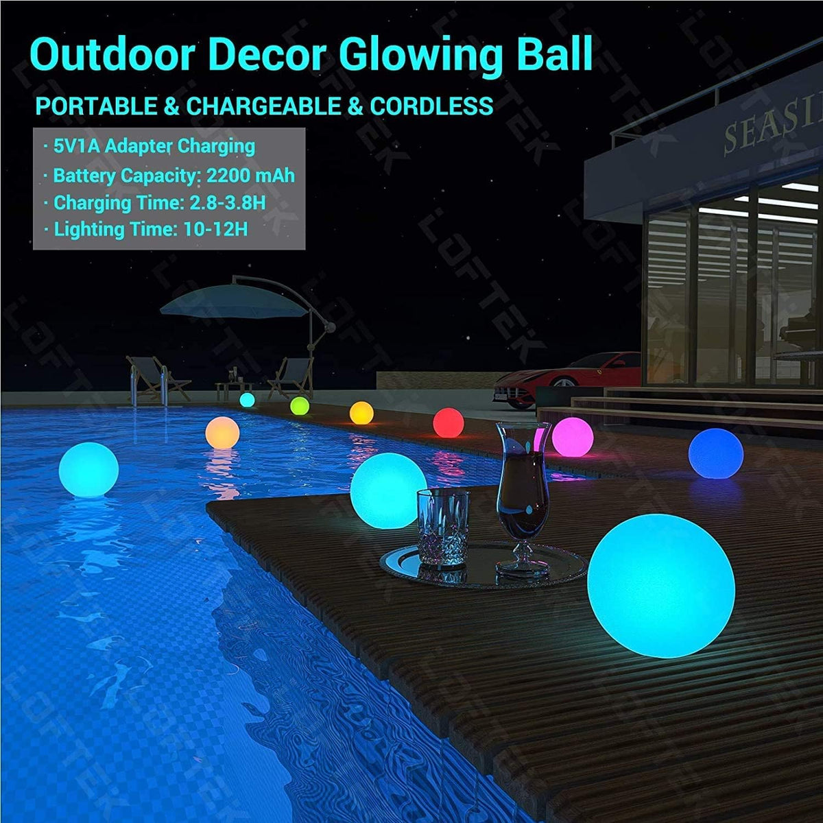 LOFTEK Pool LED Light Ball - 12-inch Sphere Lamp Rechargeable - 16 RGB Cool Lamp for Bedroom