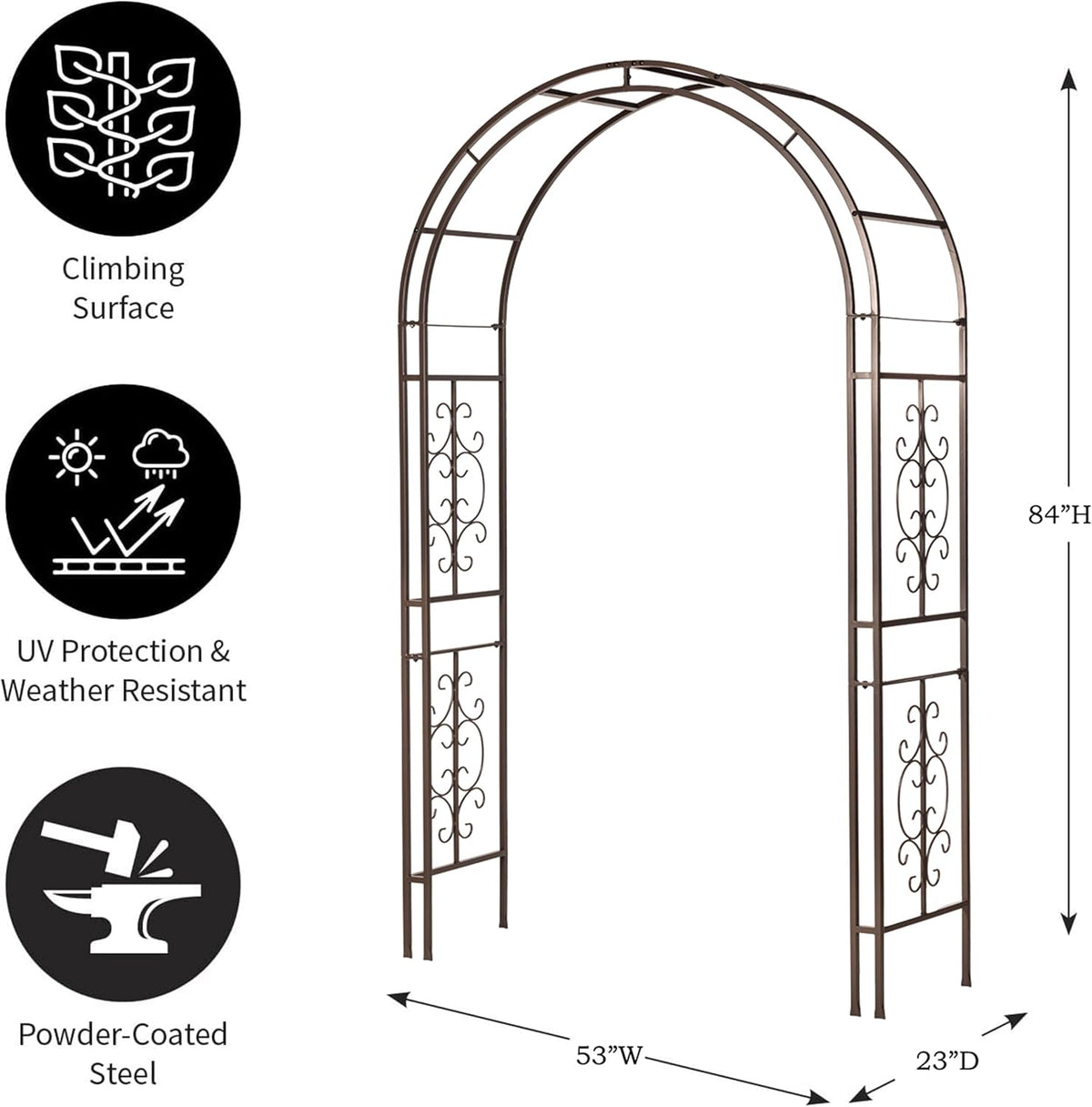 Evergreen Plow & Hearth Montebello-Gunmetal Garden Arbor - 7 Feet Tall | Slim Metal Arch with Iron