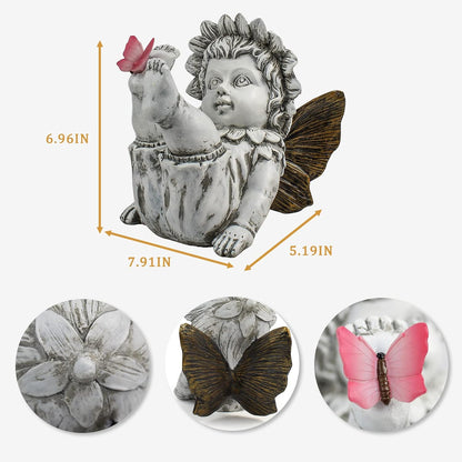 Garden Fairy Outdoor Solar Decor, Resin Ornaments for Patio Lawn Yard Porch, Playful Garden Flower